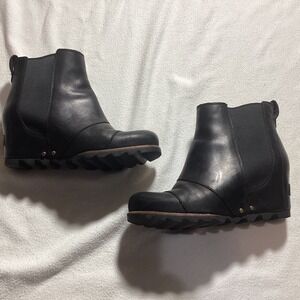 Sorel Lea Wedge Black Leather Waterproof Chelsea Ankle Boots Hidden Wedge Heel